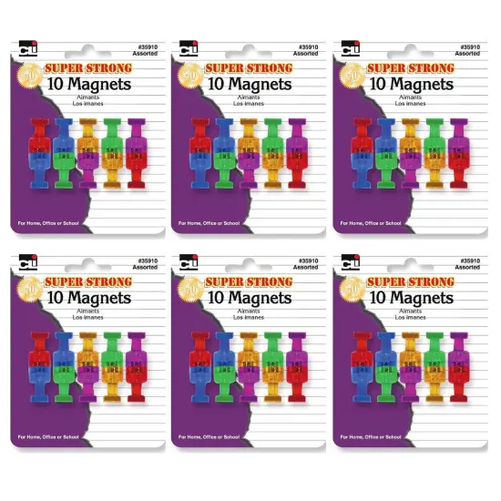 Push Pin Style Super Strong Strength Magnets, Assorted Colors, 10 Per Pack, 6 Packs {1}
