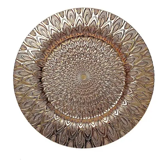GOLD 6 Plastic 13" Round CHARGER PLATES Embossed Peacock Pattern {1}