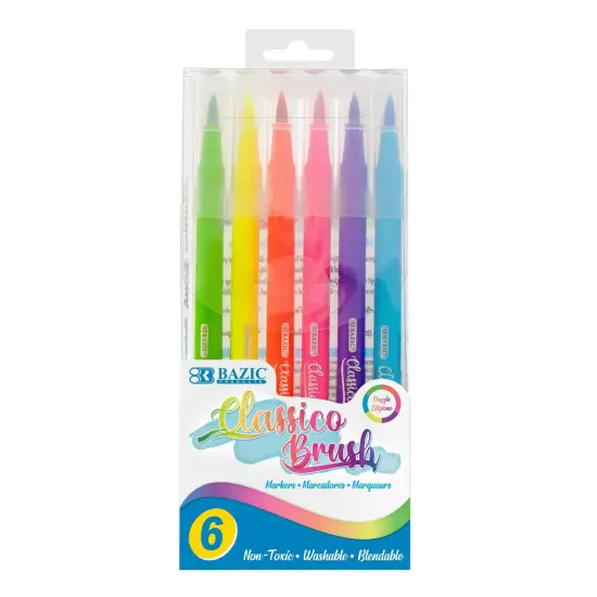 Washable Brush Markers, Fluorescent Colors, 6 Per Pack, 12 Packs {2}