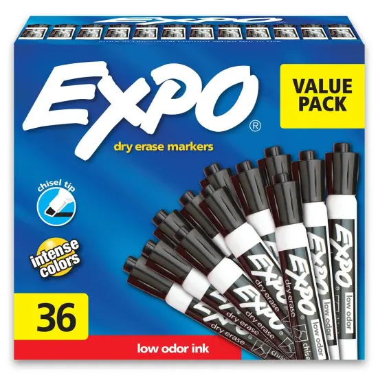 Low Odor Dry Erase Markers, Chisel Tip, Black, 36 Count {1}