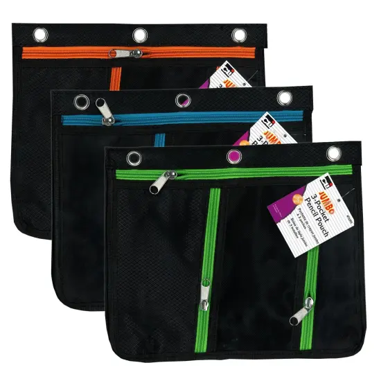 3 Pocket Pencil Pouch, Expanding to 1", 11"W x 9.5"H x 1"D - Assorted Colors, Pack of 3 {1}