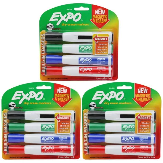 Magnetic Dry Erase Markers with Eraser, Chisel Tip, Assorted, 4 Per Pack, 3 Packs {1}