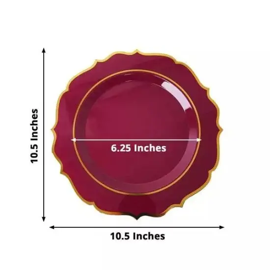 10 BURGUNDY 10.5" Round Plastic Dinner Plates GOLD Scalloped Rim {3}