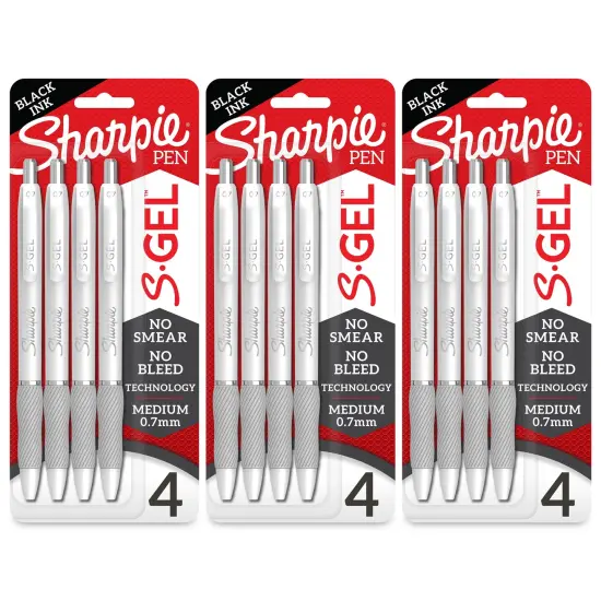 S-Gel, Gel Pens, Medium Point (0.7mm), Pearl White Body, Black Gel Ink Pens, 4 Per Pack, 3 Packs {1}