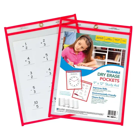 Reusable Dry Erase Pocket - Study Aid, Neon Red, 9" x 12", Pack of 10 {2}