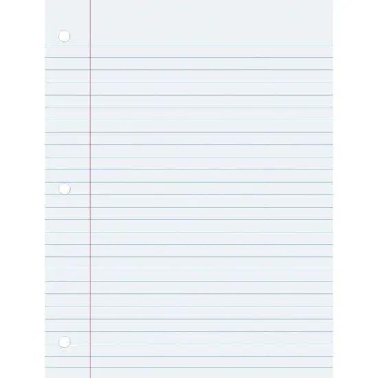 Filler Paper, White, 3-Hole Punched, Red Margin, 3/8" Ruled, 8" x 10-1/2", 150 Sheets Per Pack, 6 Packs {2}