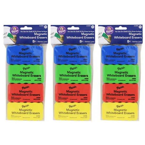 Magnetic Chalk & Whiteboard Eraser, 4 Assorted Colors, 2.25" x 4.25", 4 Erasers Per Pack, 3 Packs {1}