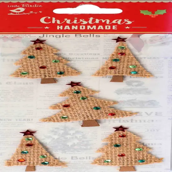 Little Birdie Christmas Burlap Sticker Embellishment 5/Pkg-Tree {1}