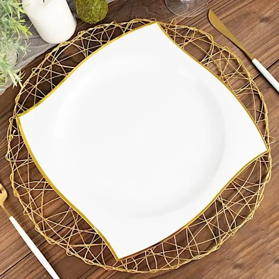 WHITE 10 Square 10" Plastic Salad PLATES Wavy Gold Rim {4}