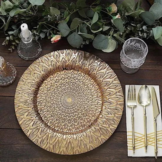 GOLD 6 Plastic 13" Round CHARGER PLATES Embossed Peacock Pattern {5}