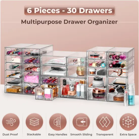Sorbus 30 Drawers Acrylic Organizer for Makeup, Organization and Storage, Art Supplies, Jewelry, Stationary - 6 Pcs Clear Stackable Storage Drawers {5}