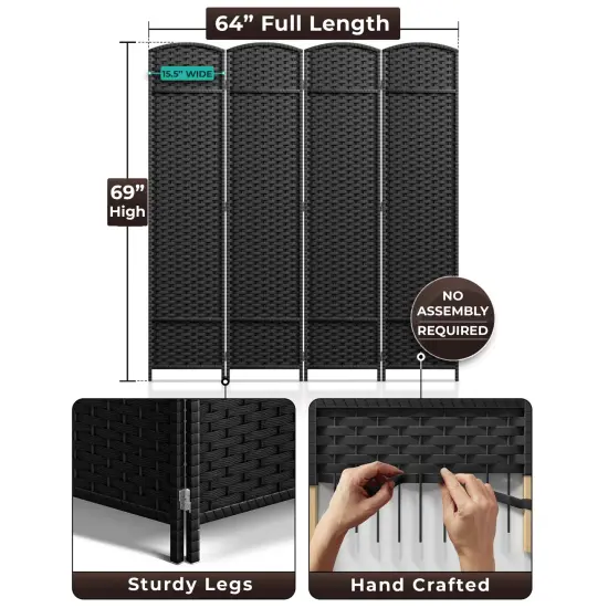 Sorbus 4 Panel Room Divider Panel, 6 ft. Tall Extra Wide Double Hinged Panels - Folding Privacy Screens Black {5}