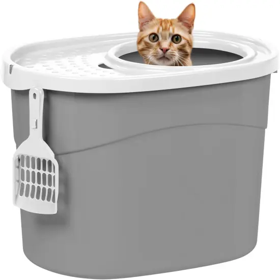 IRIS USA Oval Top Entry Cat Litter Box with Litter Catching Lid, Privacy Walls and Scoop Gray/White {1}