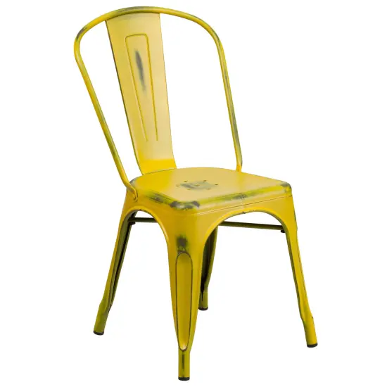 Merrick Lane Banks Indoor/Outdoor Stacking Metal Dining Chair with Single Slat Back and Distressed Powder Coated Finish Yellow {1}