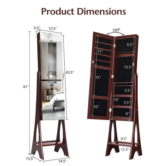 Freestanding Jewelry Cabinet Armoire Organizer with Bevel Edge Mirror Brown {4}