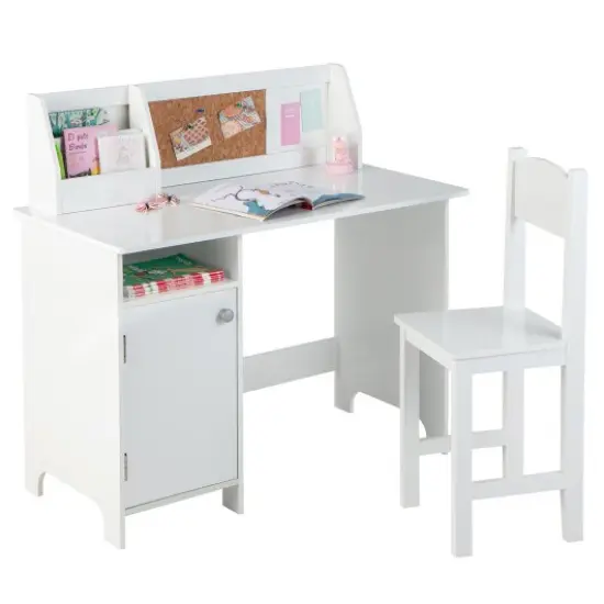 Wooden Kids Study Desk and Chair Set with Storage Cabinet and Bulletin Board-White {1}