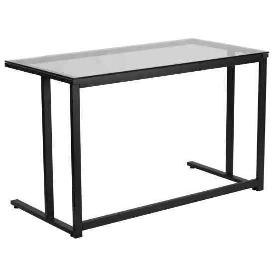 Emma and Oliver Glass Top Desk with Pedestal Metal Frame - Home Office Furniture Clear/Black {3}
