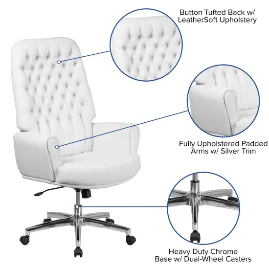 Merrick Lane Moselle High Back Button Tufted Faux Leather Swivel Home Office Chair with Welt Trimmed Arms White {2}