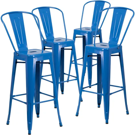 Emma and Oliver Commercial Grade 4 Pack 30" High Metal Indoor-Outdoor Barstool with Back Blue {1}