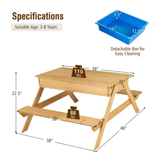 3-in-1 Kids Picnic Table Wooden Outdoor Water Sand Table with Play Boxes {4}