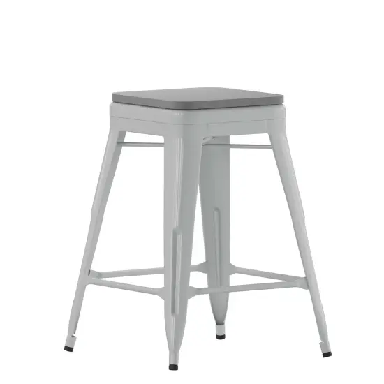 Emma and Oliver Cory Set of Four Backless Metal Stools with All-Weather Poly Resin Seats for Indoor Use Only Silver/Gray {1}