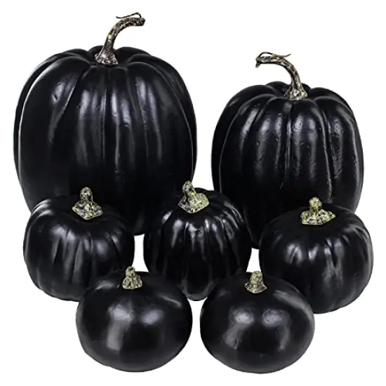 Winlyn 7 Pcs Assorted Artificial Black Pumpkins Halloween Pumpkins Faux Rustic Decorative Foam Pumpkins for Fall Halloween Thanksgiving Tabletop Centerpiece Mantel Kitchen Decor {1}