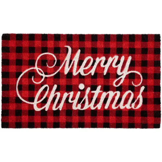Northlight Red and Black Plaid "Merry Christmas" Natural Coir Christmas Outdoor Doormat 18" x 30" {1}