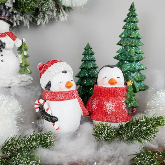 Northlight Glittered Penguins with Sweater and Scarf Christmas Figurines - 6" - Set of 2 Red {3}