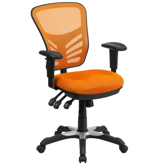 Emma and Oliver Mid-Back Mesh Triple Paddle Swivel Ergonomic Office Chair with Adjustable Arms Orange {1}