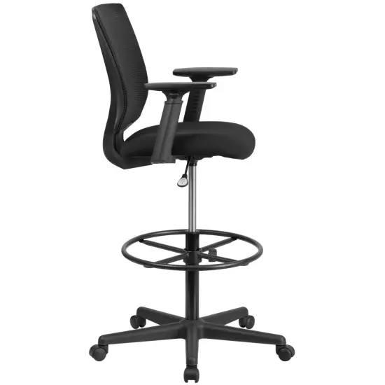 Emma and Oliver Ergonomic Mid-Back Mesh Drafting Chair with Fabric Seat, Adjustable Foot Ring and Arms Black {5}
