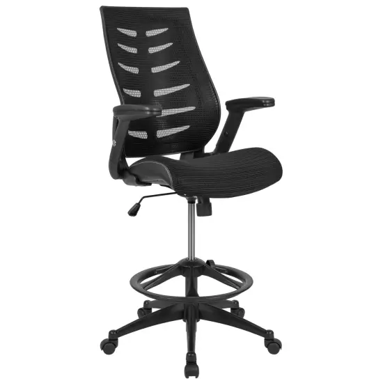 Emma and Oliver High Back Mesh Ergonomic Drafting Chair with Adjustable Flip-Up Arms Black {1}