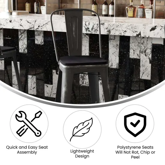 Emma and Oliver Nova Distressed Metal Stools with Backs and Polystyrene Seats for Indoor/Outdoor Use MintGreen/MintGreen {7}