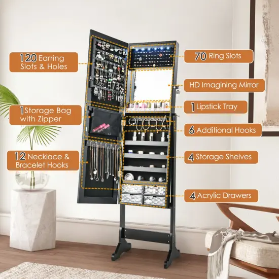 LED Lighted Jewelry Armoire with Full-Length Mirror Black {5}