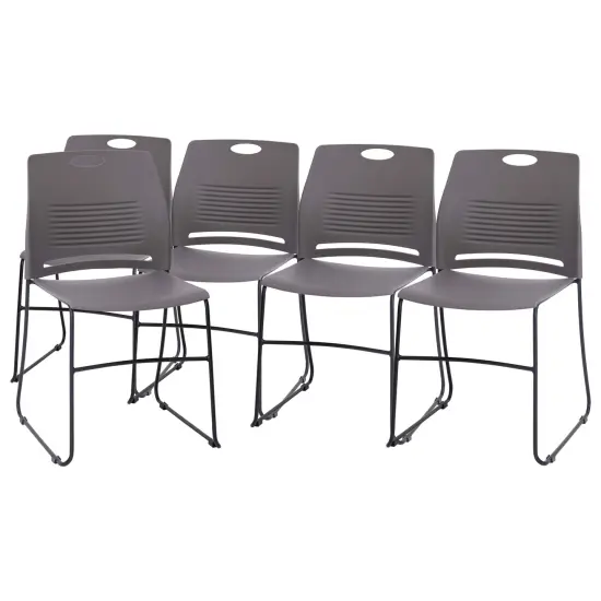 Emma and Oliver Arcana Series Set of 5 Heavy Duty 660 lb. Capacity Ergonomic Polypropylene Stack Chair with Perforated Back and Steel Sled Base Gray {1}