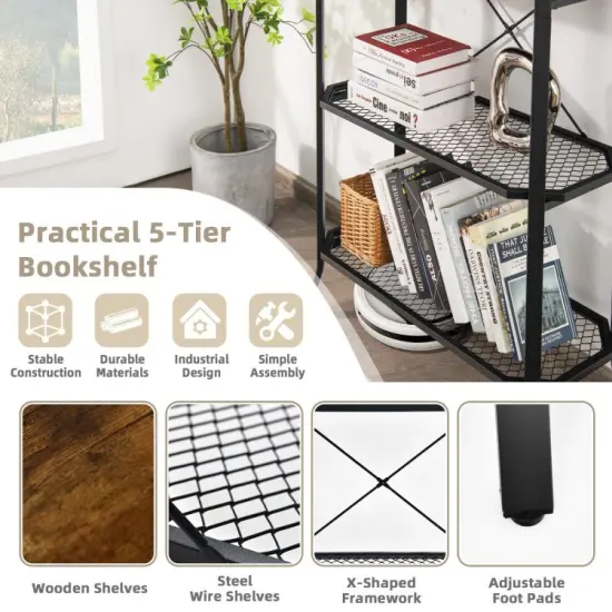Industrial 5-Layer Bookshelf with Out-Stretched Legs-Rustic Brown {6}