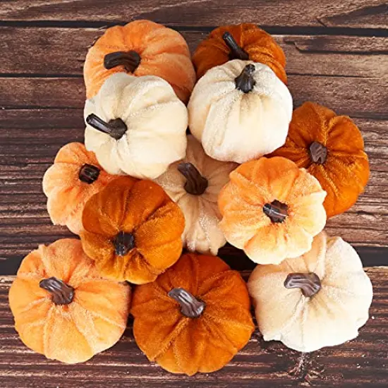 Pumpkin Decor 12pcs Artificial Fake Faux Velvet Foam Fabric Pumpkins Decoration for Fall Home Farmhouse Harvest Thanksgiving Decorative {1}