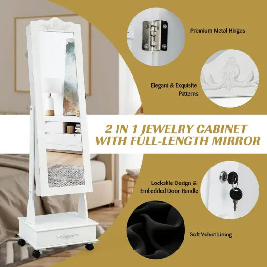 Rolling Floor Standing Mirrored Jewelry Armoire with Lock and Drawers White {1}