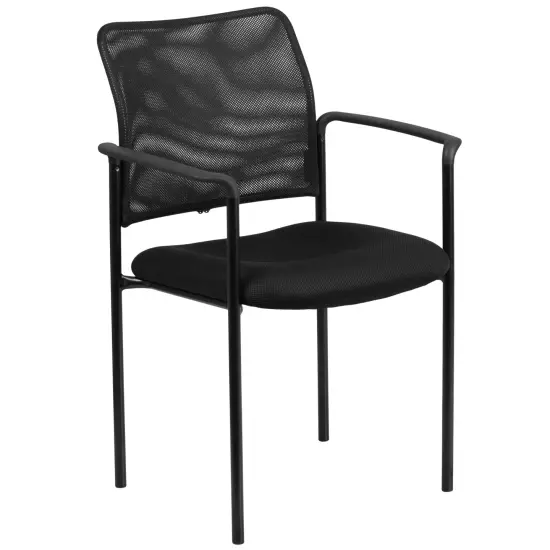 Emma and Oliver Mesh Comfortable Stackable Steel Side Chair with Arms Black {1}