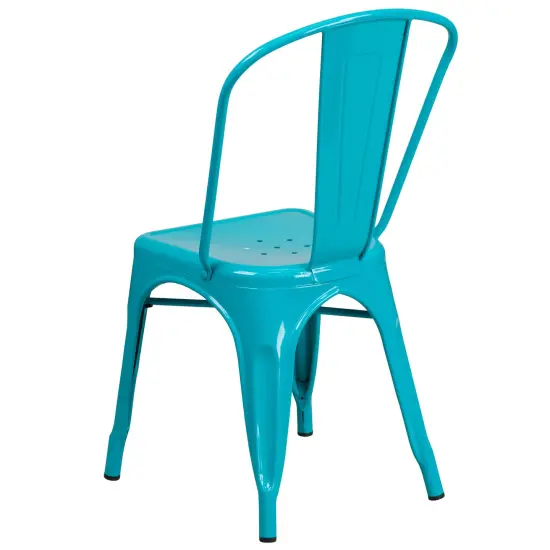 Merrick Lane Wells Indoor/Outdoor Stacking Metal Dining Chair with Single Slat Back and Powder Coated Finish Crystal Teal-Blue {4}
