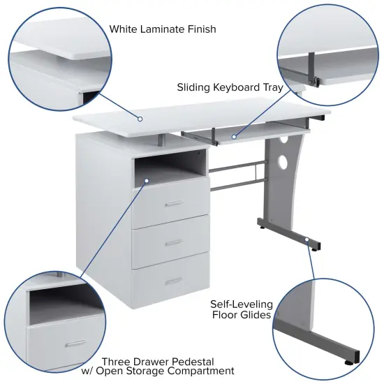 Emma and Oliver Desk with Three Drawer Single Pedestal and Pull-Out Keyboard Tray White {2}