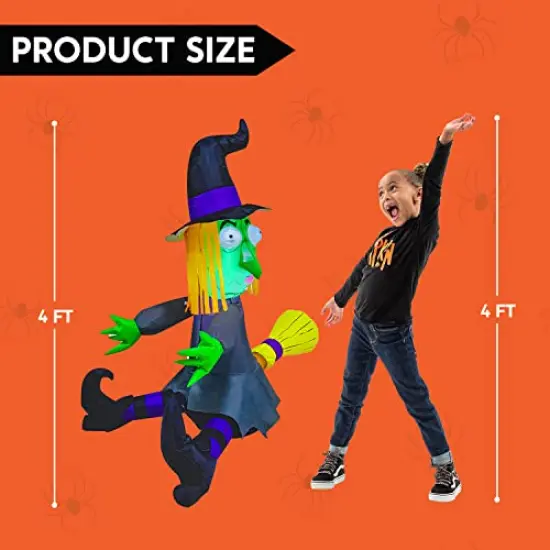 4 FT Tall Halloween Inflatable Witch Crashing Into Tree with Build-in LEDs Blow Up Inflatables for Halloween Party Indoor, Outdoor, Yard, Garden, Lawn Decorations {4}