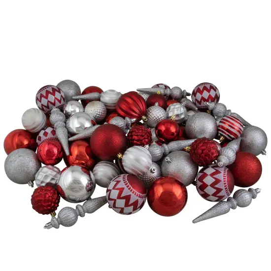 Northlight Shatterproof 3-Finish Christmas Ball and Finial Ornaments - Red and Silver - 75ct {1}