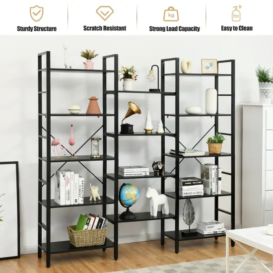 Costway Triple Wide 5-tier Bookcase Large Bookshelf Display Storage Shelf Vintage Black {6}