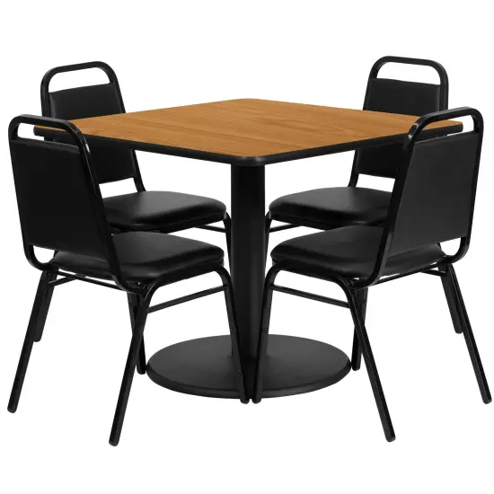 Emma and Oliver 36" Square Laminate Table Set with 4 Trapezoidal Banquet Chairs NaturalTop/BlackVYL {1}