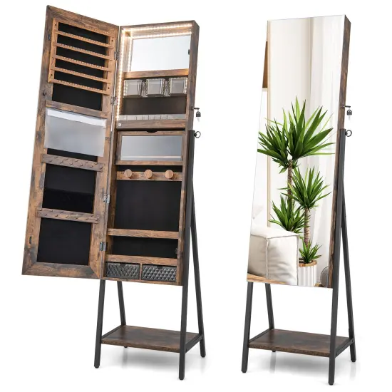 Freestanding Full-Length Mirror Jewelry Cabinet with Metal Tube Frame and 3 Color LED Lighting Rustic Brown {4}