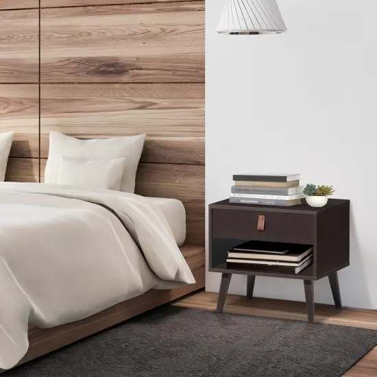 Nightstand Bedroom Table with Drawer Storage Shelf-Brown {2}