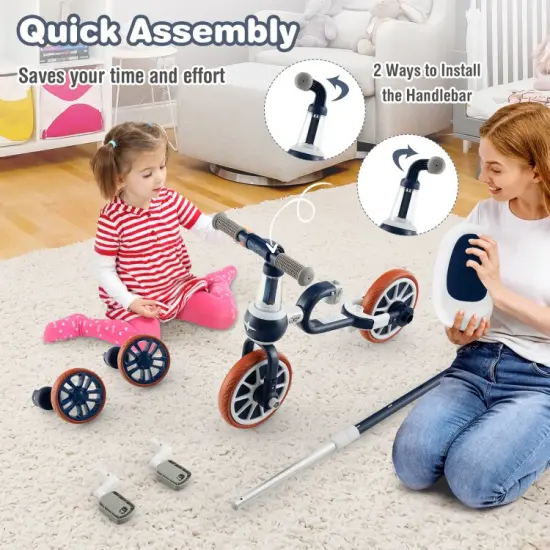 4-in-1 Kids Trike Bike with Parental Control Handlebar and 4 Level Adjustable Height Navy {5}