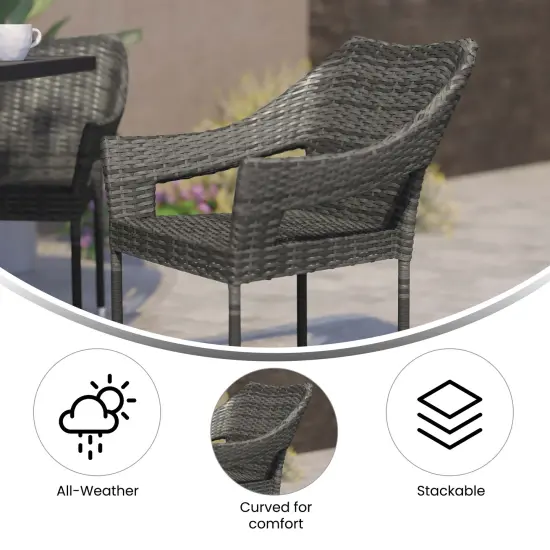 Emma and Oliver Embry All-Weather Indoor/Outdoor Stacking Patio Dining Chair with Steel Frame and Weather Resistant PE Rattan Black {10}