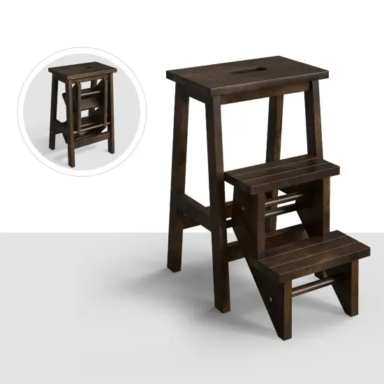 3-in-1 Rubber Wood Step Stool with Convenient Handle Brown {4}
