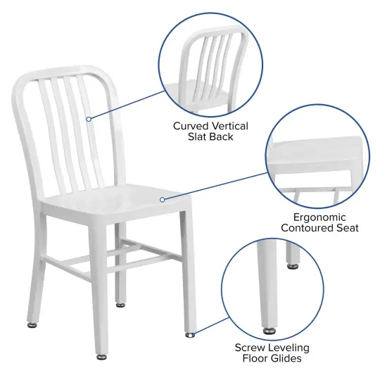 Merrick Lane Santorini 18 Inch Galvanized Steel Indoor/Outdoor Dining Chair with Slatted Back And Powder Coated Finish White {2}
